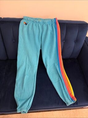 Aviator nation Teal Sweatpants with Rainbow Side Stripes size L can fit medium